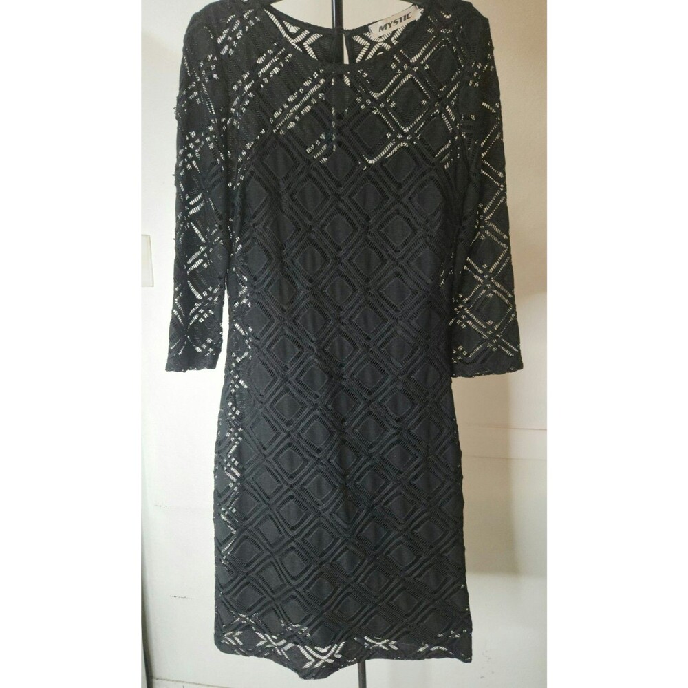 Mystic Black Lace Geometric Diamond Mini Dress - 3/4 Sleeve - Size S- Elegant